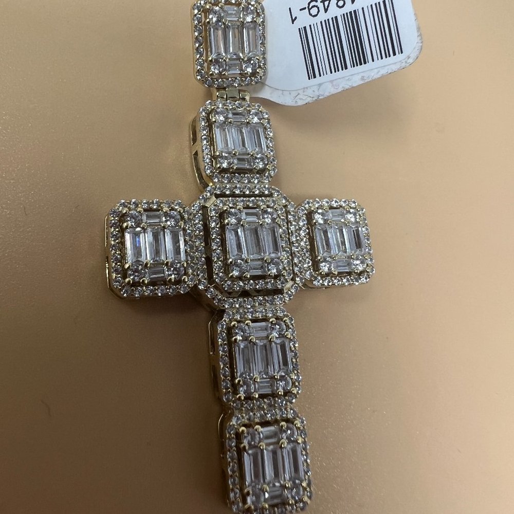 SILVER YELLOW GOLD CROSS W CLEAR BAGUETTE STONES